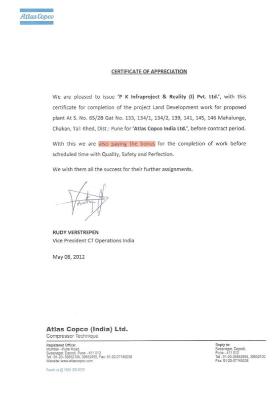 Appreciation certificate for earthwork and land development